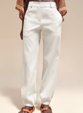 静奢老钱 猪鼻扣棉质绉纱马术休闲裤 运动风束脚裤