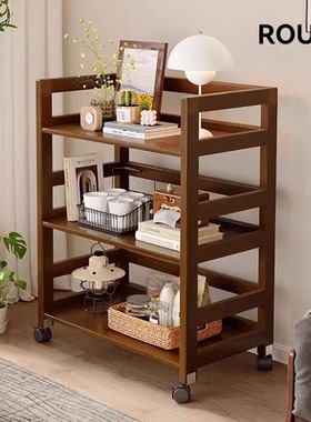 德国全实木置物架落地客厅边多层胡桃木色小推车卧室可移动收纳架