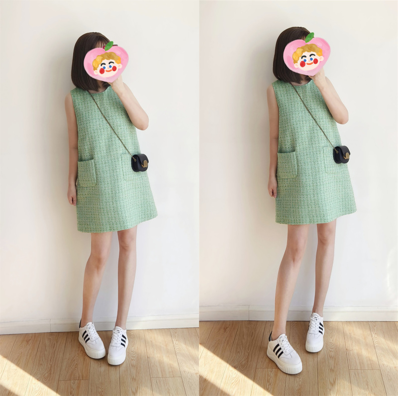 浅绿色超级小清新新款女背心裙气质小香风无袖连衣裙A字裙子