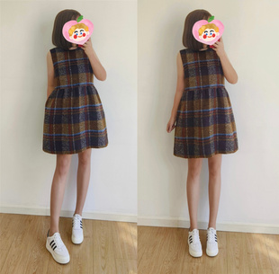 秋冬新款 背心裙 赫本风气质收腰显瘦遮肚子毛呢大格子连衣裙无袖