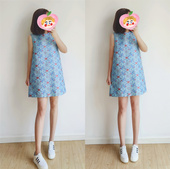 无袖 绝美兰色春秋新款 高级感连衣裙女碎花a字国风图案短款 背心裙