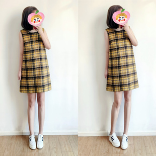 秋冬新款黄色格子裙无袖背心裙连衣裙