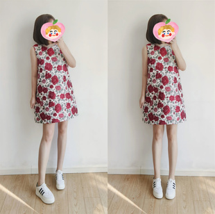 秋冬新款挺括有型气质花朵图案无袖背心裙短款连衣裙A版遮肉裙子