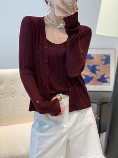 两件套女百搭长袖 25早秋新款 圆领亮片针织背心开衫 韩版 上衣潮 时尚