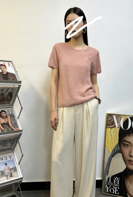 早春新款韩版宽松圆领短袖幼马海毛针织衫女百搭毛衣上衣薄弹力