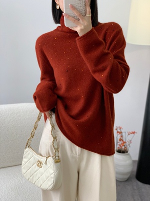 秋冬新款韩版休闲高领烫钻羊绒羊毛针织套头女宽松百搭毛衣上衣