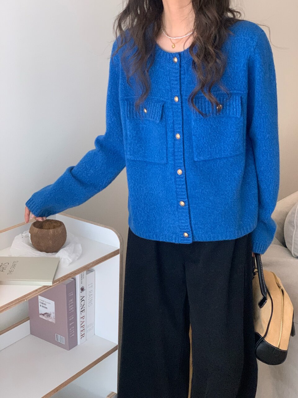 秋冬韩版休闲圆领大口袋全羊毛针织开衫女宽松百搭毛衣外套上衣