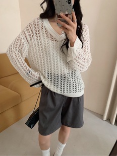 打底上衣潮 25早秋韩版 时尚 V领镂空针织罩衫 女宽松显瘦百搭长袖