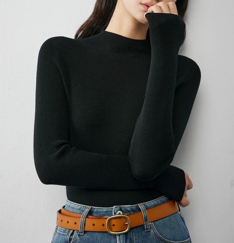 秋冬简约半高领100%精纺美丽诺细羊毛针织套头修身毛衣打底上衣女