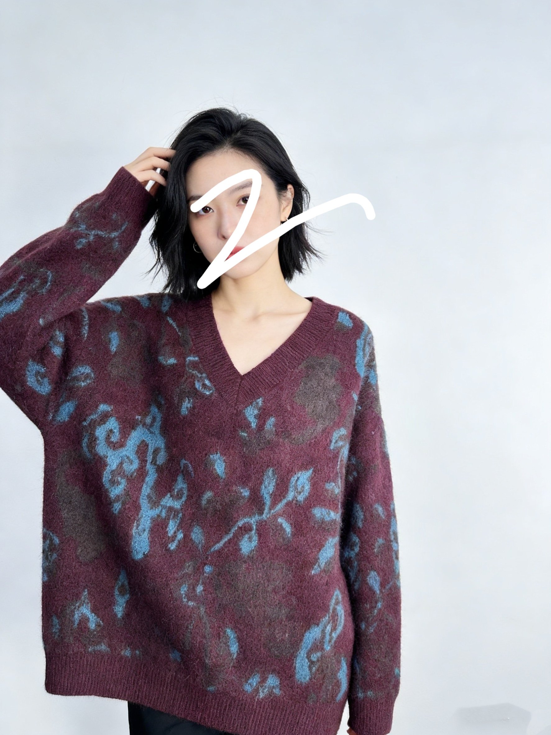 灵感chao幼马海毛羊毛V领宽松廓形提花毛衣女复古撞色外穿针织衫,女装/女士精品,毛针织衫,淘宝优惠券,粉丝福利购,淘宝优惠卷