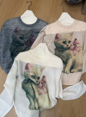 复古油画小猫印花马海毛羊毛针织衫女薄款圆领宽松短款套头毛衣秋