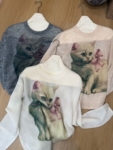 复古油画小猫印花马海毛羊毛针织衫女薄款圆领宽松短款套头毛衣秋