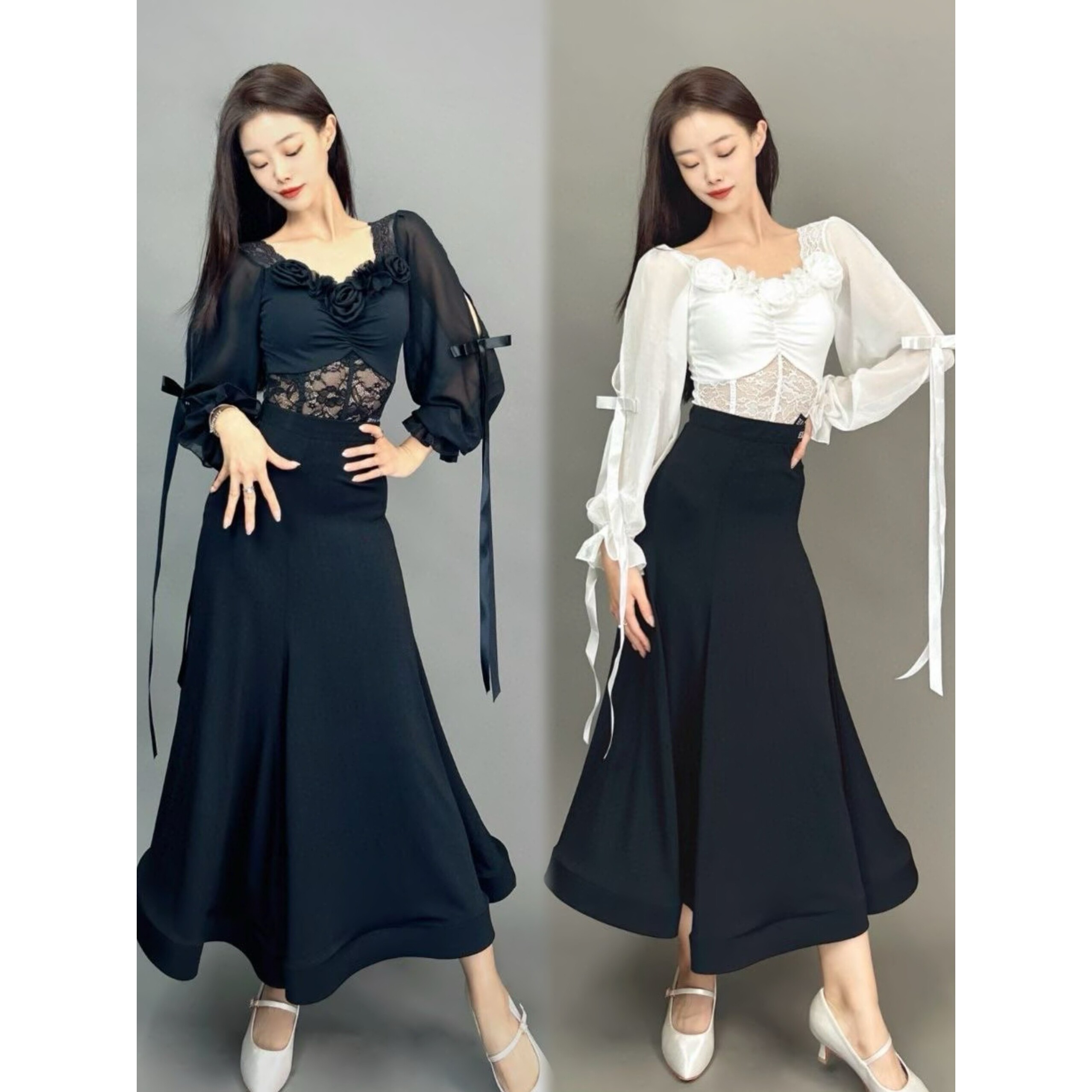 Ella舞服摩登练功服套装分体黑白色泡泡袖花朵上衣高腰鱼骨半身裙
