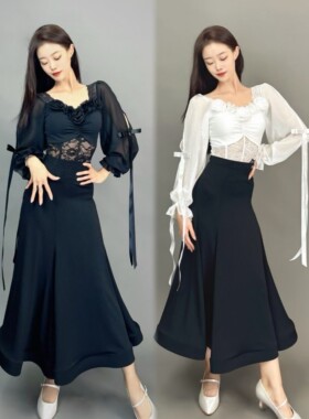 Ella舞服摩登练功服套装分体黑白色泡泡袖花朵上衣高腰鱼骨半身裙