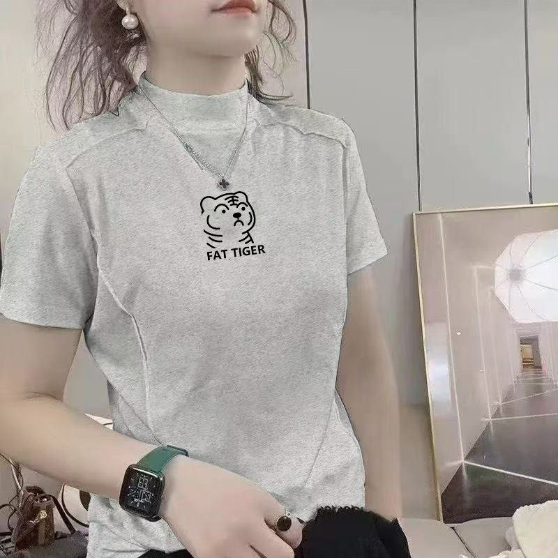 纯棉半高领正肩短袖T恤女夏季新款时尚减龄宽松显瘦立领T恤上衣