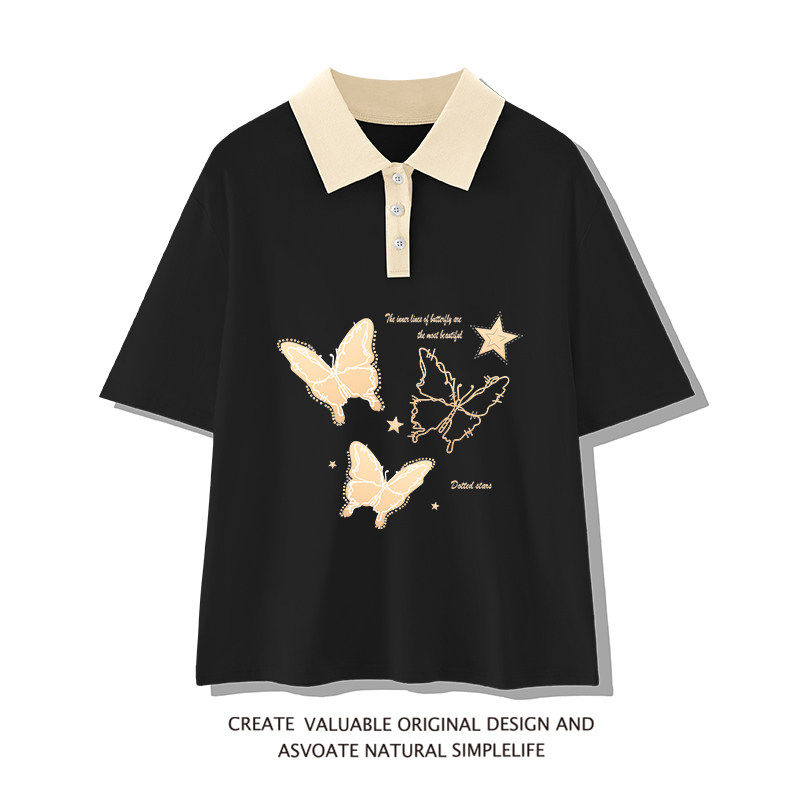 黑色Polo领短袖女t恤夏季2025新款爆款纯棉宽松初中高中学生上衣