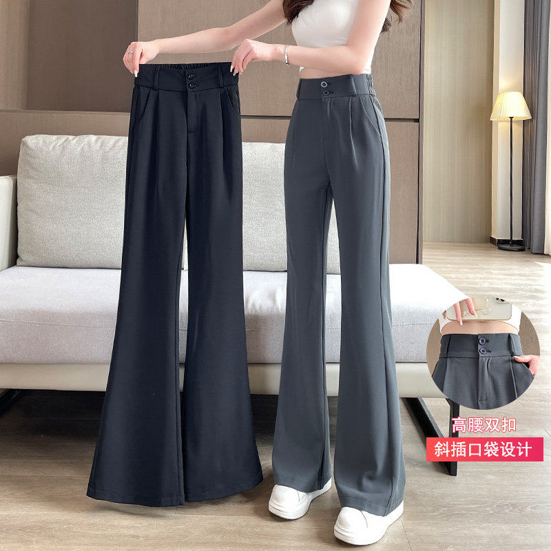 垂感微喇西装裤女 阔腿高腰休闲裤 黑色直筒弹性裤款