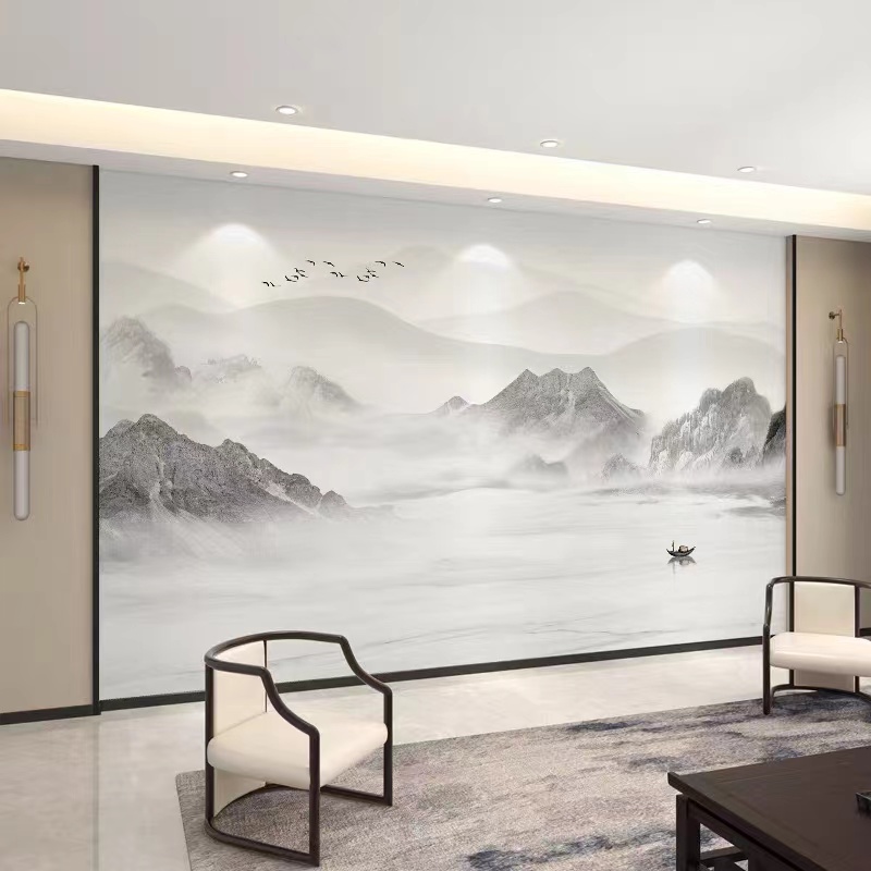 电视背景墙壁画客厅山水大气壁布墙布海纳百川高清影视墙壁纸墙纸
