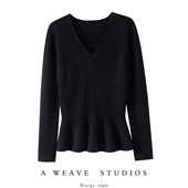 处处透露气质感 加厚100%纯山羊绒衫 女V领荷叶花边纯羊绒毛衣秋冬