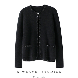 启超官方“法式衣橱”系列加厚100%山羊绒开衫钉珠一粒扣开衫外套