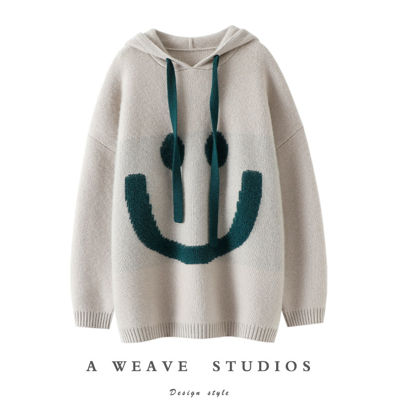 启超上身实在赞！笑脸连帽羊绒衫女春节新款慵懒风宽松中长款上衣,女装/女士精品,羊绒衫,淘宝优惠券,粉丝福利购,淘宝优惠卷