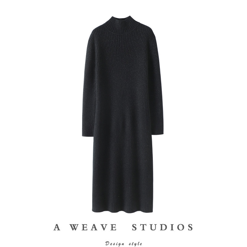 启超小众奢贵！加厚金线红色高领羊绒连衣裙女羊绒衫长款毛衣秋冬