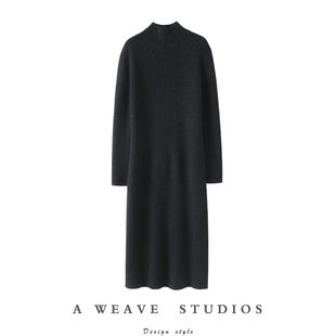 启超小众奢贵！加厚金线红色高领羊绒连衣裙女羊绒衫长款毛衣秋冬