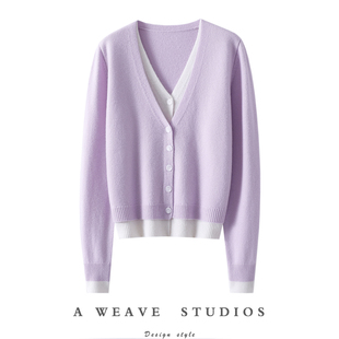 贵美贵美！假两件纯山羊绒开衫女V领纯羊绒毛衣针织开衫外套秋冬