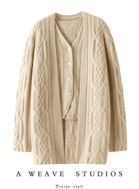 上身太气质了吧！加厚100%纯山羊绒开衫女V领纯羊绒毛衣背心套装