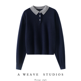 女POLO领纯羊绒毛衣秋冬 拼色100%纯山羊绒衫 启超心动感强烈 新款