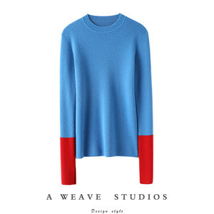 演绎不凡品味~拼色圆领弹力坑条羊绒衫女纯羊绒毛衣针织衫打底衫