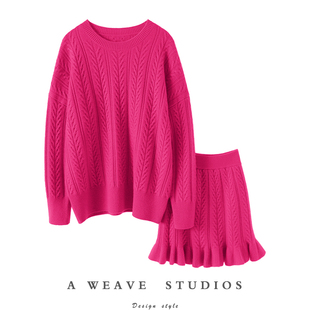 气质减龄感！绞花加厚山羊绒衫100纯羊绒女圆领短裙羊绒套装秋冬