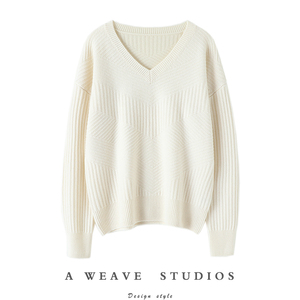 回头率高！重工搬针羊绒衫女V领套头纯羊绒毛衣宽松慵懒秋冬加厚