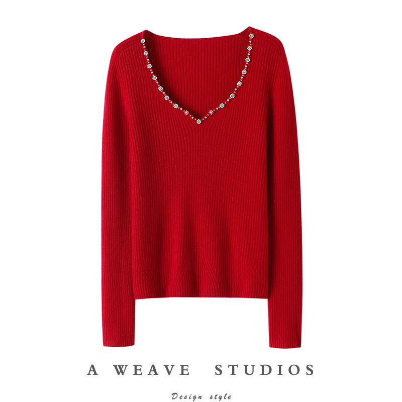 好美！车厘子红手工缝钻V领山羊绒衫女纯羊绒毛衣针织打底衫秋冬,女装/女士精品,羊绒衫,淘宝优惠券,粉丝福利购,淘宝优惠卷