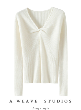 气质的碾压！扭结V领100%纯山羊绒衫女纯羊绒毛衣针织打底衫秋冬