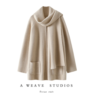 实物太气质了！加厚100%山羊绒开衫女纯羊绒毛衣连围巾中长款外套