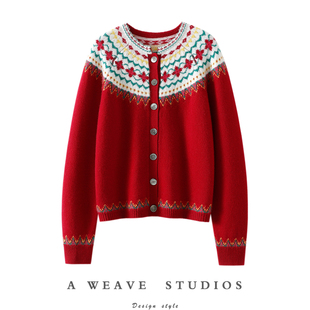 散发贵奢感 女圆领羊绒毛衣针织外套 费尔岛加厚100%纯山羊绒开衫