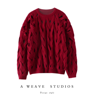 时髦王范！男女同款大克重手工编织镂空羊绒衫100纯羊绒毛衣圆领