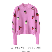 手工钩花草莓100%羊绒衫 拽拽 时髦 女纯羊绒毛衣半高领秋冬加厚