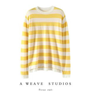 宽松秋冬 女圆领条纹纯羊绒毛衣针织打底衫 美艳天成 精纺羊绒衫