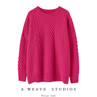 女纯羊绒圆领宽松毛衣女秋冬 重磅加厚绞花100%羊绒衫 狂热级 爱