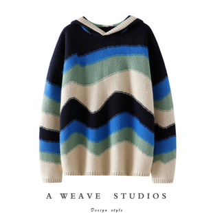 官方正品！女主魅力~迷彩条纹100%纯山羊绒帽衫女纯羊绒连帽毛衣