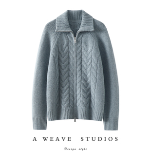 社交圈焦点~！粗棒针加厚100%纯山羊绒拉链开衫女高领毛衣外套