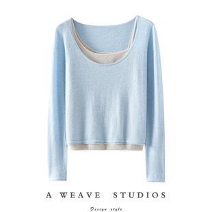 官方正品！美艳~高支精纺100%纯山羊绒衫女撞色纯羊绒毛衣两件套