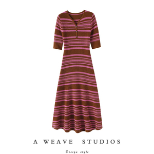 满减气质感~秋冬圆领100%纯山羊绒衫女中长款五分袖针织连衣裙子