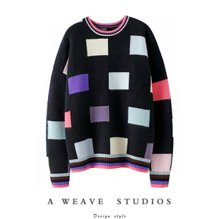 女纯羊绒毛衣秋冬季 格子加厚圆领100%纯山羊绒衫 太喜欢了 爆爱