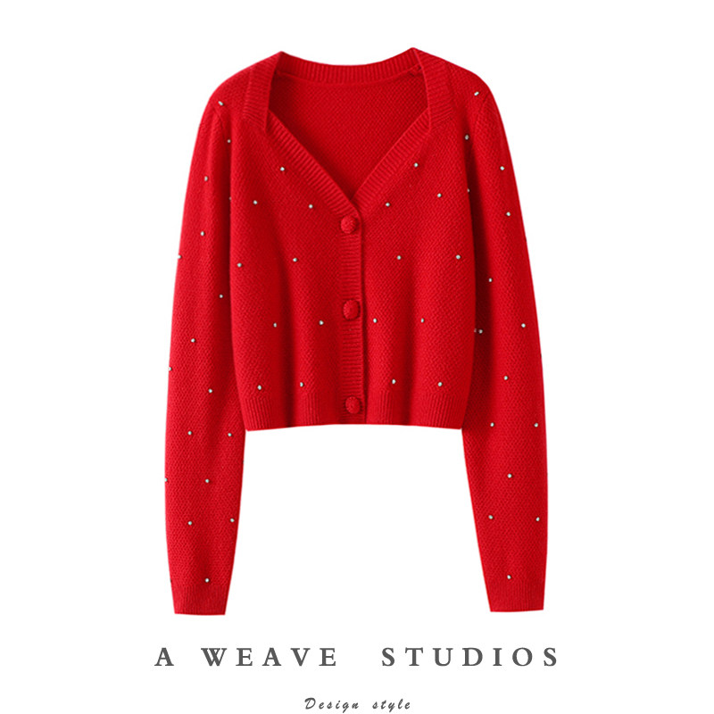 官方正品~重工菠萝针手工钉钻100%纯山羊绒开衫女V领毛衣针织外套