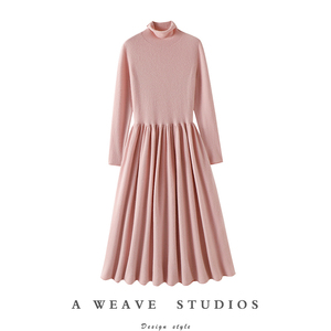 理想型本人！大克重100%纯山羊绒连衣裙子女高领修身长款大摆裙