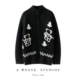 官方正品！重磅加厚100%纯山羊绒开衫女半高领提纯羊绒花毛衣外套