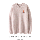女V领中长款 奢美重工 裸粉色手工钉珠重磅加厚羊绒衫 纯羊绒毛衣